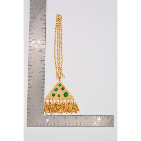 Cabochon Chain Tassel Necklace Pendant Green Gold Tone Dangle Vintage BinR - Picture 12 of 12